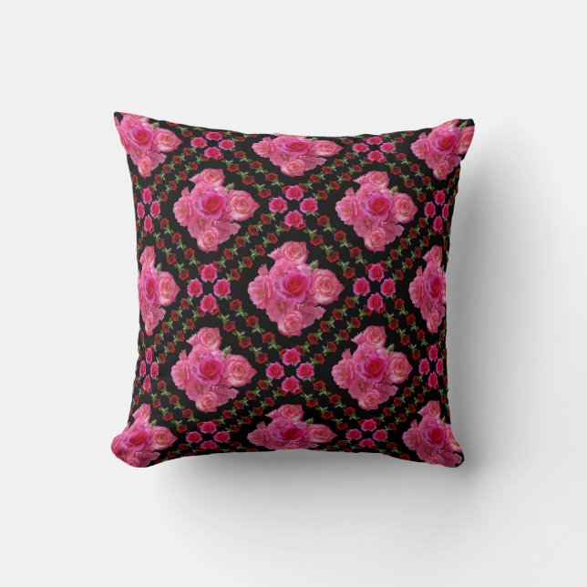RED &  PINK ROSES BLACK PATTERNS THROW PILLOW (Front)