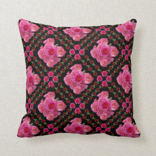 RED &  PINK ROSES BLACK PATTERNS THROW PILLOW