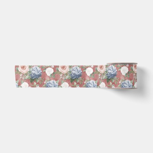 Red Pink Roses Bllue Hyndrangea Floral Wedding Satin Ribbon