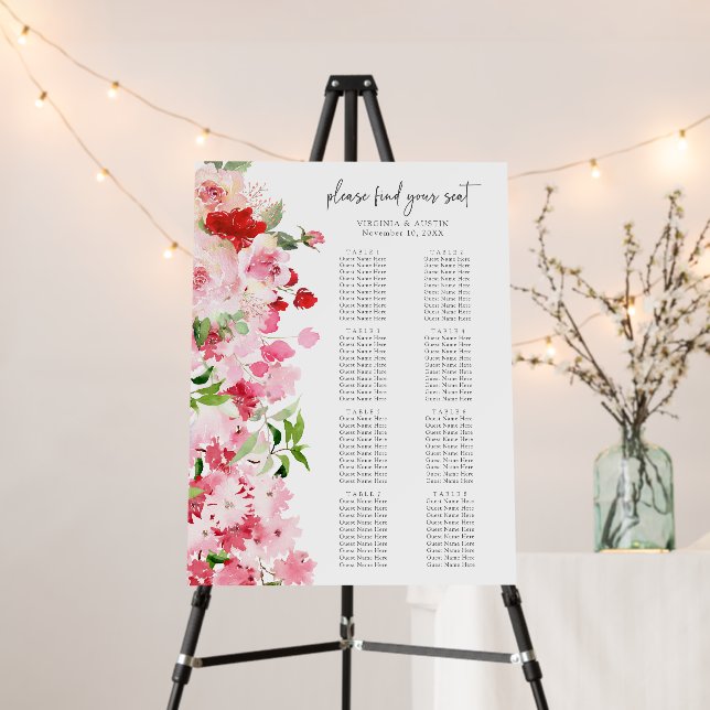 Red Pink Roses Bridal Shower Seating Chart Foam Board (In Situ (Stand))