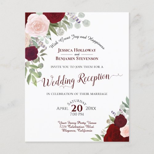 Red  Pink Roses Budget Wedding Reception Invite