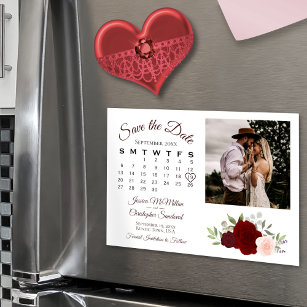 Red & Pink Roses Calendar & Photo Save the Date Magnetic Invitation