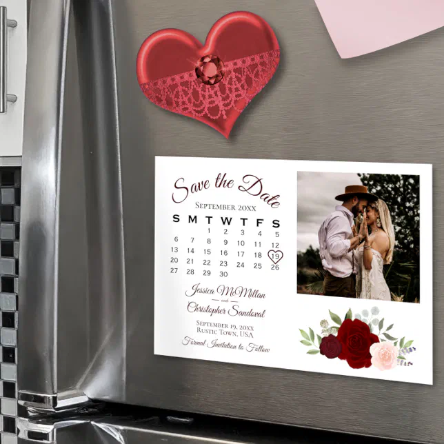 Red & Pink Roses Calendar & Photo Save the Date Magnetic Invitation ...