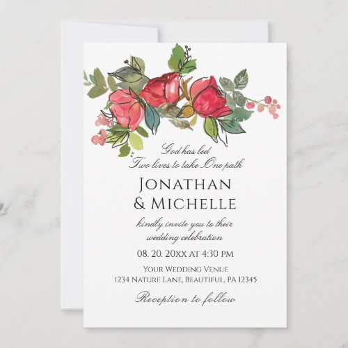 Red Pink Roses Floral All In One Christian Wedding Invitation