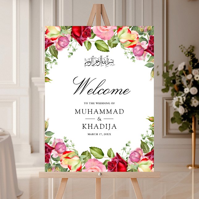 Red Pink Roses Floral Muslim Wedding Welcome Sign (Creator Uploaded)