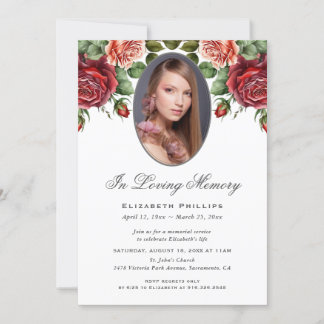 Red Pink Roses Floral Photo Memorial Service Invitation