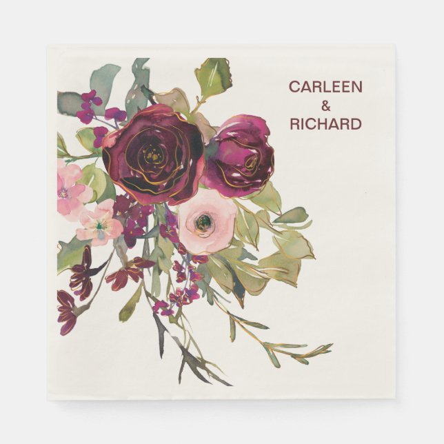 Red Pink Roses Floral Wedding Napkins (Front)