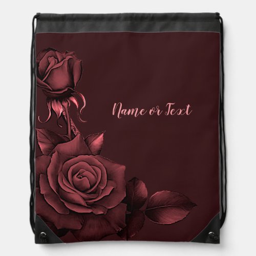 Red Pink Roses Flowers Maroon Elegant Drawstring Bag