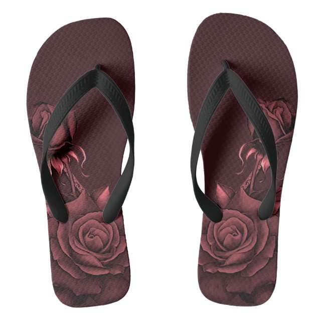Red Pink Roses Flowers Maroon Stylish Flip Flops (Footbed)
