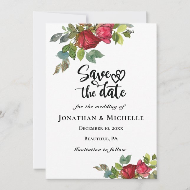 Red Pink Roses Greenery Floral Hearts Save The Date (Front)