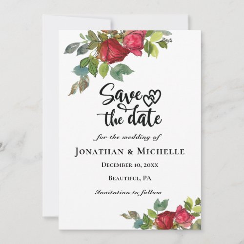 Red Pink Roses Greenery Floral Hearts Save The Date