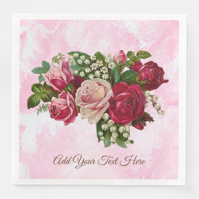 Red Pink Roses Lily of the Valley Floral Romantic Paper Dinner Napkins (Front)