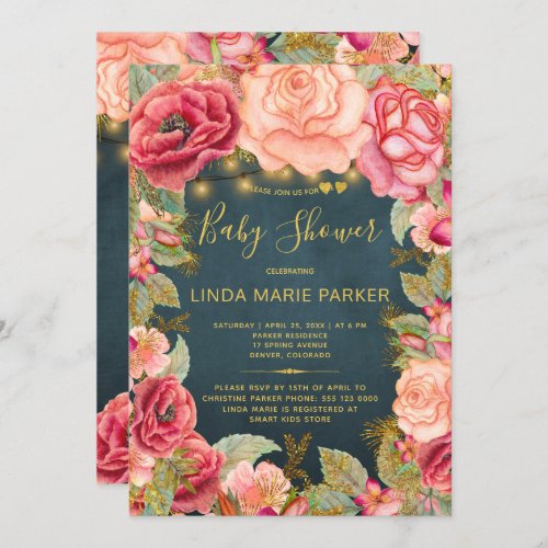 Red pink roses navy gold lights baby shower invitation