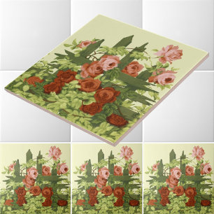 Red & Pink Roses on Picket Fence Trellis Frieze Ceramic Tile