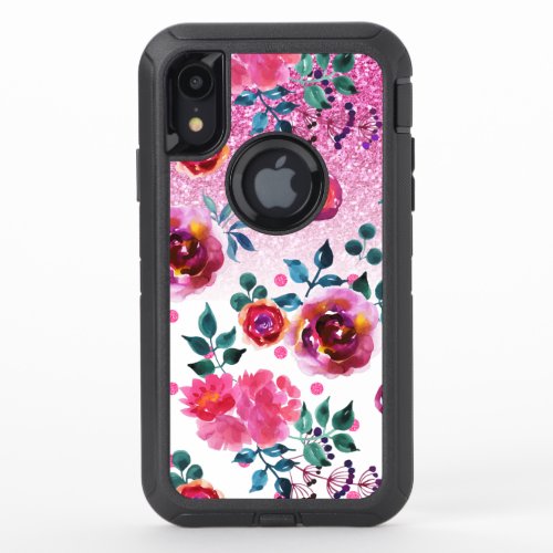 Red  pink roses on pink glitter ombre OtterBox defender iPhone XR case
