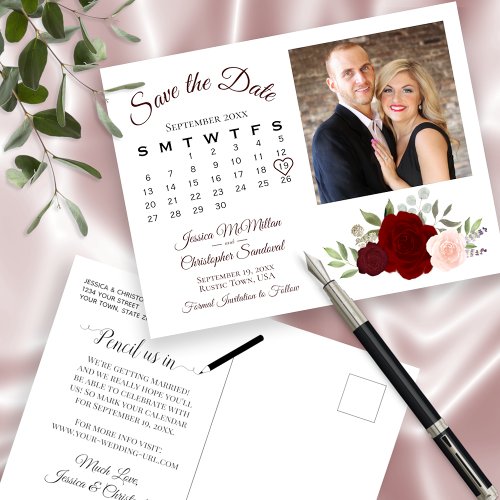Red  Pink Roses Photo  Calendar Save the Date Announcement Postcard
