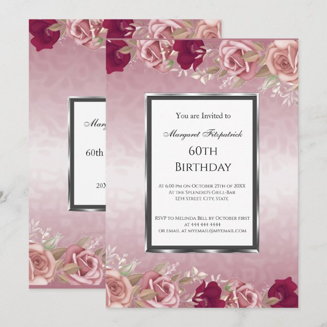 Red Pink Roses Pink Birthday Party Invitation (Front/Back)