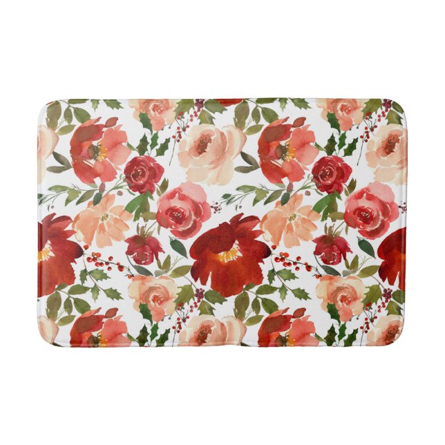 Red Pink Roses Poppies Trendy Girly Bath Mat (Front)