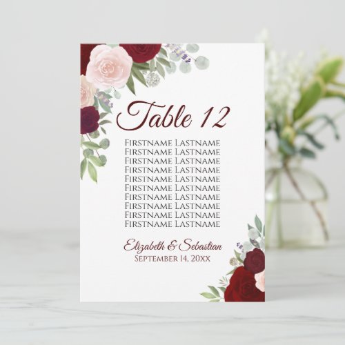 Red  Pink Roses Seating Chart Table Number Large