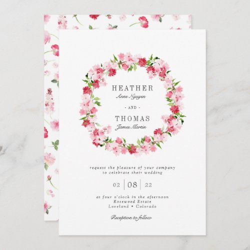 Red Pink Roses Watercolor Wreath Wedding Invitation