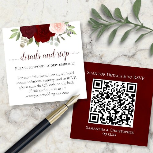 Red  Pink Roses Wedding Details  RSVP QR Code Enclosure Card