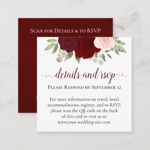 Red  Pink Roses Wedding Details  RSVP QR Code Enclosure Card