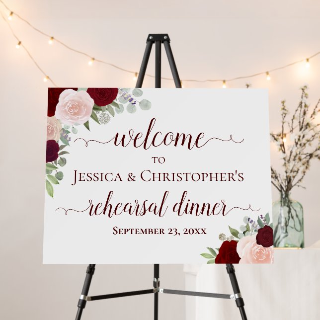 Red & Pink Roses Wedding Rehearsal Dinner Welcome Foam Board (In Situ (Stand))