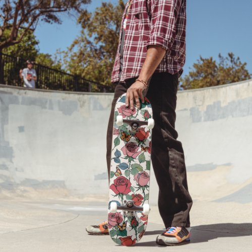 Red  Pink Roses with Leaves  Monarch Butterflies Skateboard