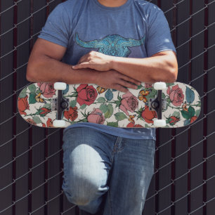 Red & Pink Roses with Leaves & Monarch Butterflies Skateboard