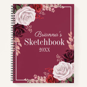 Red Pink Roses Your Name Sketchbook Notebook