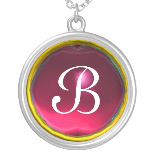 Red Pink Ruby Gem  Monogram Silver Plated Necklace