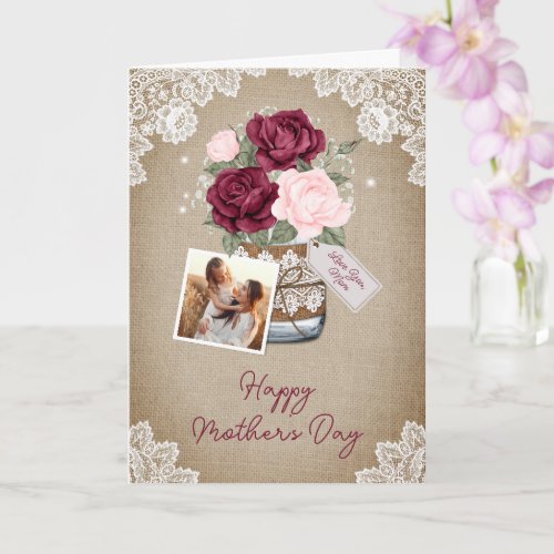 Red Pink Rustic Floral Photo Happy Mothers Day Card