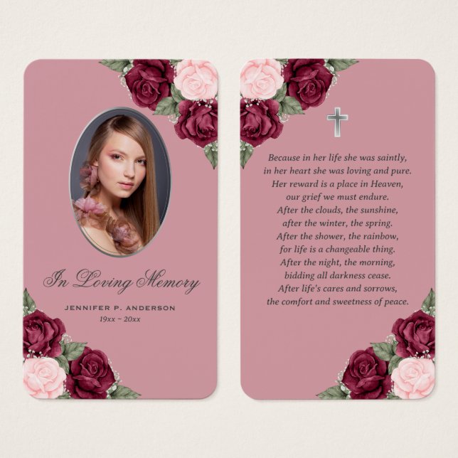 Red Pink Silver Floral Funeral Prayer Card (Front & Back)