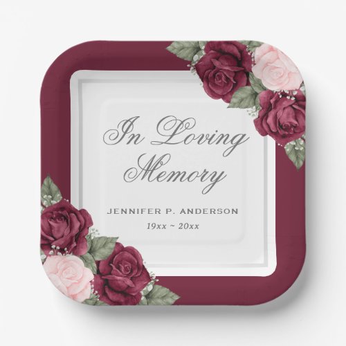 Red Pink Silver Floral Memorial Funeral Paper Plates