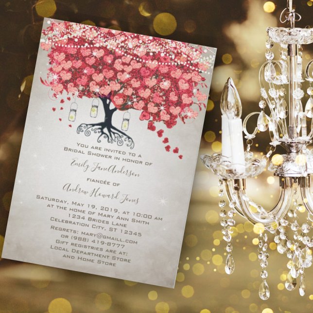 Red Pink Silver Woodsy Heart Leaf Bridal Shower Invitation (Creator Uploaded)