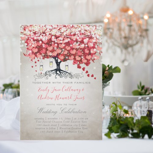 Red Pink Silver Woodsy Heart Leaf Wedding Invitation