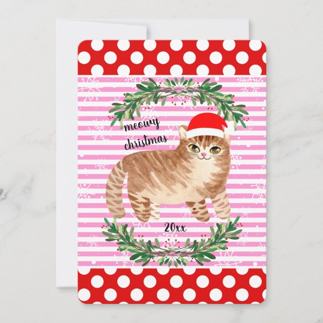 Red Pink Snowflakes Cat Merry Christmas Card (Front)