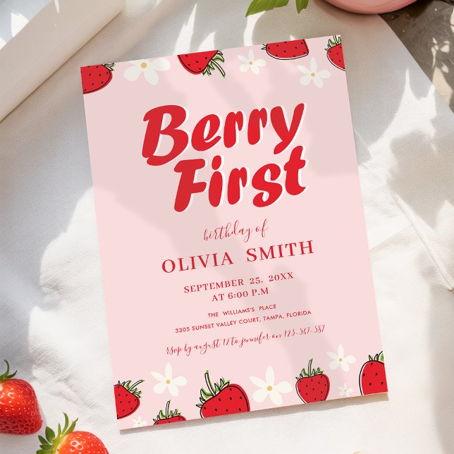 Red Pink Strawberry Berry First Birthday Invitation (Creator Uploaded)