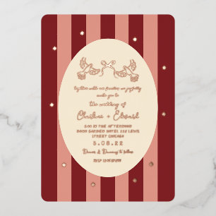 Red Pink Striped Gold Star Wedding  Foil Invitation