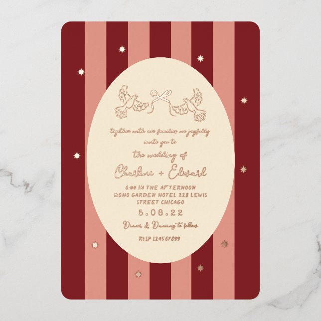 Red Pink Striped Gold Star Wedding  Foil Invitation (Front)