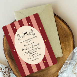 Red Pink Striped Gold Star Wedding  Foil Invitation