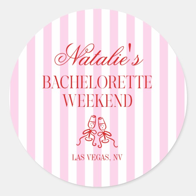 Red Pink Stripes Bachelorette Weekend Party Classic Round Sticker (Front)