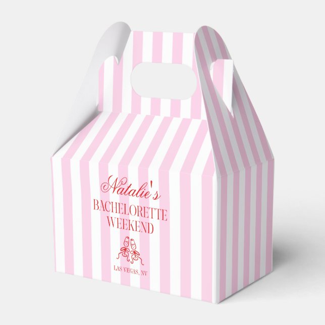 Red Pink Stripes Bachelorette Weekend Party Favor Boxes (Front Side)