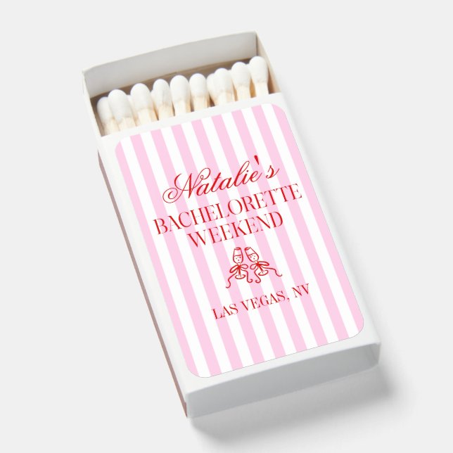 Red Pink Stripes Bachelorette Weekend Party Matchboxes (Front Open)