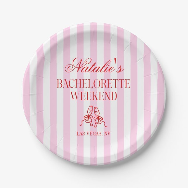 Red Pink Stripes Bachelorette Weekend Party Paper Plates (Front)