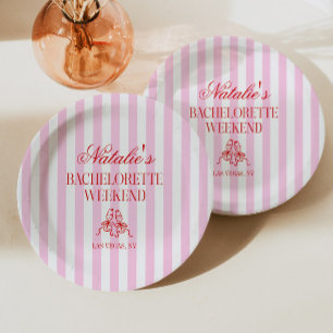 Red Pink Stripes Bachelorette Weekend Party Paper Plates