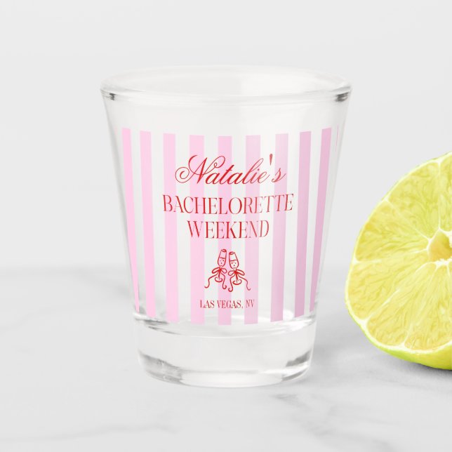 Red Pink Stripes Bachelorette Weekend Party Shot Glass (Front)