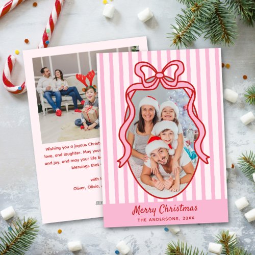 Red Pink Stripes & Bow Frame Christmas 2 Photo Holiday Card