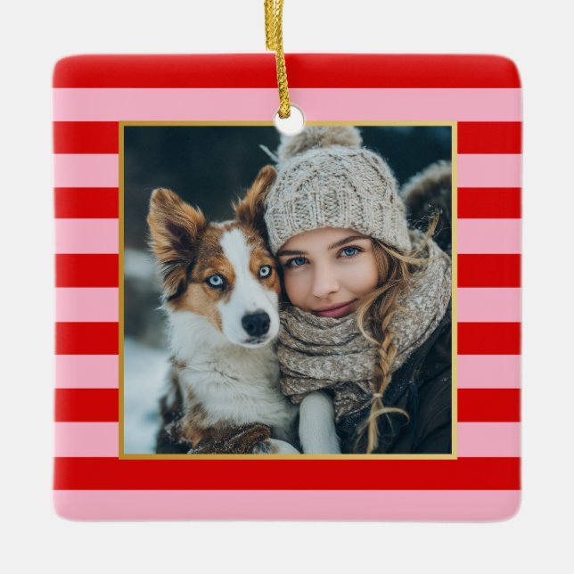 Red Pink Stripes Christmas Photo Ceramic Ornament (Front)