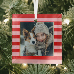 Red Pink Stripes Christmas Photo Glass Ornament